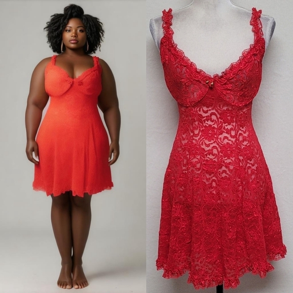 Victoria's Secret 70s Vintage Sheer Red Lace Ruffle Trim Mini Bustier Dress  3X